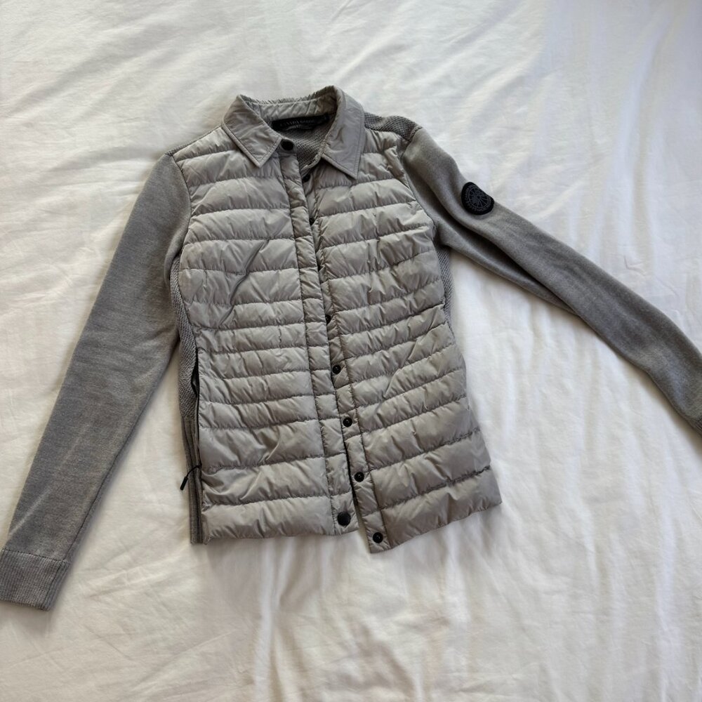 Canada Goose Womens Merino Wool Knit Goose Down Puffer Snap Up Silver Jacket S
